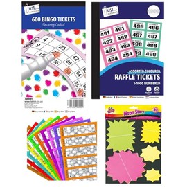 Mysterial Ultimate Fundraising & Game Night Bundle for Bingo, Tombola & Raffle Events 600 Jumbo Bingo Cards + 1000 Raffle Tickets & 50 Fluorescent Prize Tags