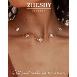 ZHESHY Gold Pearl Necklace Women's 14 Carat Gold-Plated Silver Necklace White Pearl Delicate Flower Beads Choker Layering Gold Chain Silver Chain with Pendant Hypoallergenic Wedding Gifts Bridal Women