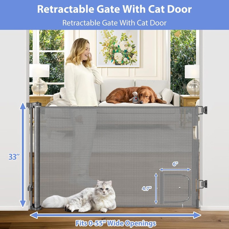 Retractable Dog Gate with Cat Door 55" Wide Retractable Pet