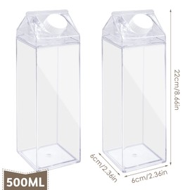 INHEMING Pack of 2 Clear Milk Carton Water Bottles, 500 ml, Square Milk Bottle, Plastic, Transparent