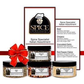Italian Assortment Set - Contains: 4 Assorted Plastic Jars (product weight varies due to density) - 1 Jar each of: Basil, Red Pepper Flake, Oregano, & Garlic)