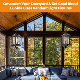 Roravilila Large Outdoor Pendant Light Fixture Ceiling 16 Inch, Anti-Rust Aluminum Outdoor Chandelier for Porch with IP65 Waterproof Clear Glass Exterior Ceiling Mount Hanging Light, Matte Black