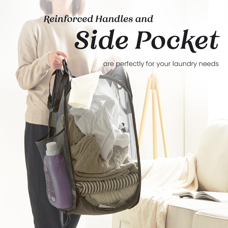 Collapsible Mesh Pop Up Laundry Hamper with Sturdy Handles and