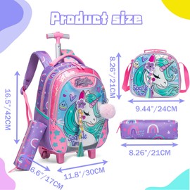 Meetbelify Unicorn Rolling Backpack for Girls Backpacks with Wheels for Elementary Preschool Students 3 in 1 Carry on Travel Luggage Kids Suitcase with Lunch Box Pencil Case for Girls Age 8-10