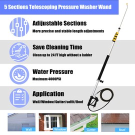 24FT Aluminum Telescoping Pressure Washer Wand with Power Washer Extension Wand, Gutter Cleaner Attachment, Brush Head, 7 Spray Nozzle Tips, 3 Hose Inlet Adapters and Support Harness1
