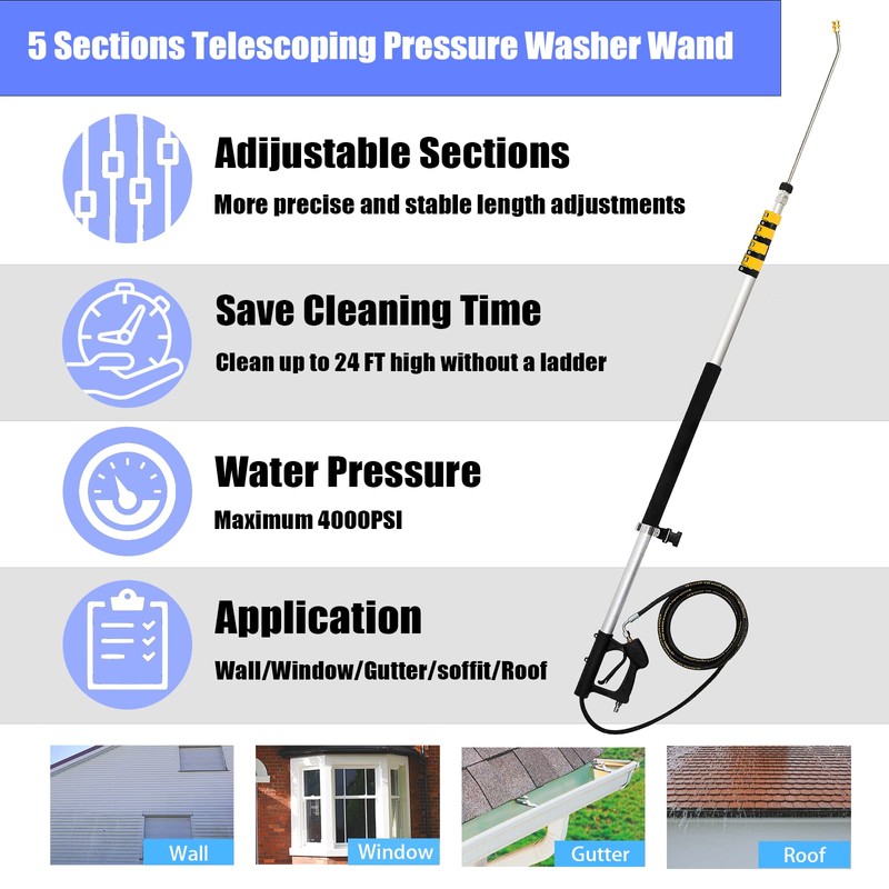 24FT Aluminum Telescoping Pressure Washer Wand with Power Washer Extension