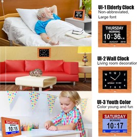 CAZOKASI 3 Displays 8inch Extra Large Impaired Vision Digital Calendar Clock with Non-Abbreviated Day & Month Alarm Clock Day Clock Photo Frame Auto Dimmable