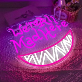 We're All Mad Here Mad Hatter's Tea Party Dimmable Neon Sign Inspirational Light for Wall Art Decor Cheshire Cat's Grin Neon Sign Unique Wall Decor for Bedroom Bar Home Dorm Birthday Gifts14.3 * 12.2