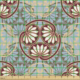 Ambesonne Japanese Fabric by The Yard, Oriental Flower Pattern with Traditional Influences Cultural Design Elements, Decorative Fabric for Upholstery and Home Accents, 1 Yard, Blue Beige