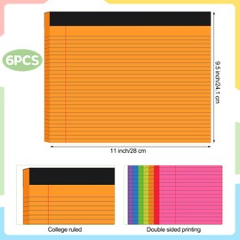 Jetec 6 Pcs Legal Pads Landscape Pad College Ruled 50 Sheets Pad Assorted Colors Writing Pads 11" x 9.5" Horizontal Notebook for Work Travel Office Supplies (Fluorescent Colors)