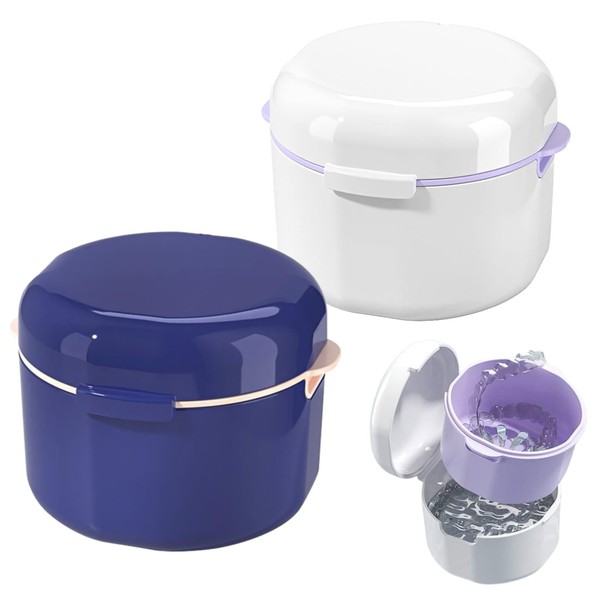 FINEPOTY Denture Case, 2 Pack Denture Cup with Strainer Basket,