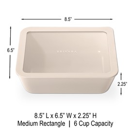 BRIVARA HOME Ceramic Coated Glass Food Storage Container | No PTFE, PFOA, PFAS, and BPA | Reusable Non Toxic Meal Prep Container with Glass Lid | Easy To Store | 6 Cup Rectangle [Crema]