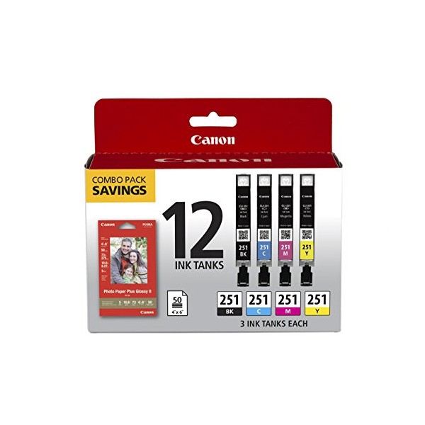 Canon CLI-251 BK/C/M/Y 12 Color Combo Pack Compatible to MG7520,