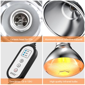 Reptile Light Fixture,7inch Deep Dome Reptile Light Fixture with 3/6/12 Timer,Infrared Reptile Heat Lamp Max 150W Blub, for Turtle Bearded Dragon Lizards Snake, 1PCS 150W Bulb Included