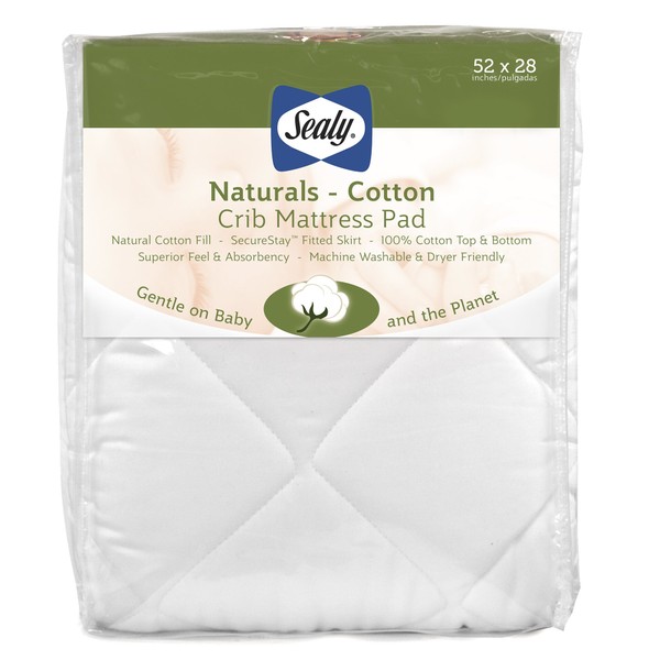 Sealy Naturals Cotton Waterproof Fitted Toddler Bed and Baby Crib Mattress Pad Cover Protector, Noiseless, Machine Washable and Dryer Friendly, 52" x 28" - White
