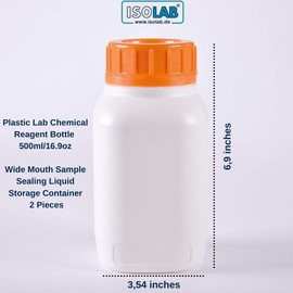 ISOLAB Set of 2 Plastic Laboratory Bottles (HDPE), 500 ml (16.9 oz), Wide Mouth, for Sample Storage, Storage of Liquids, etc.