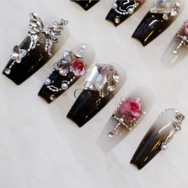 GLORS Handmade Press On Nails, Long Coffin Style, Black with Butterfly and Rose Design, 10 Pieces (L,LC)