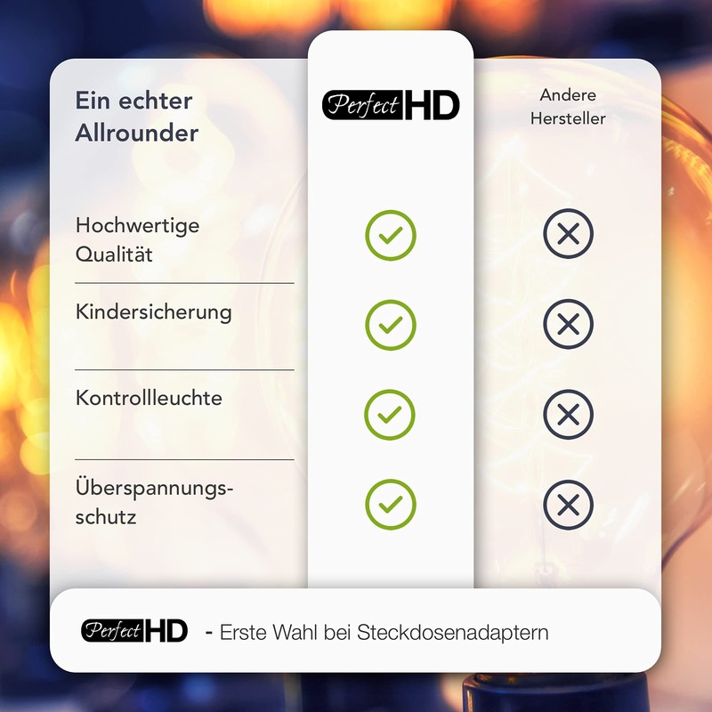 PerfectHD Steckdosenadapter mit Überspannungsschutz - Zwischenstecker - Blitzschutz - 5er-Set