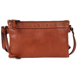 VILENCA HOLLAND 9 inch Women's Genuine Italian Leather Boho Studded Crossbody Sling Bag – Premium Quality, Stylish (Cognac)