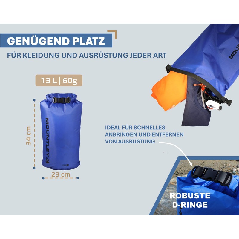 MOUNTLEY Dry Bag 13L Ultralight Waterproof Bag with Reinforced Roll