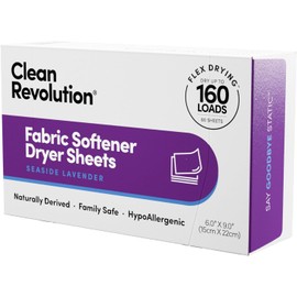 Clean Revolution Natural Fabric Softener Dryer Sheets, 80 Sheets, 160 Loads, Seaside Lavender, Naturally Derived, Sensitive Skin Safe, Made in the USA