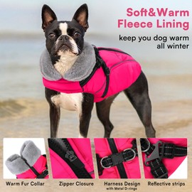 Queenmore Large Dog Coat, Dog Jacket for Extra Large Dogs with Harness Built in, Reflective Waterproof Dogs Jackets with Fleece Lining,Warm Snowsuit Pet Sweater for Doberman,Labrador,Rose Red,XXL