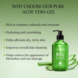 Aloderma Gel De Aloe Vera 99% Orgánico Hecho Dentro De Las 12 Horas De La Cosecha - Botella Con Bomba - Gel Ligero De Aloe Para Cara Y Cuerpo, Alivio De Quemaduras Solares Calmante E H