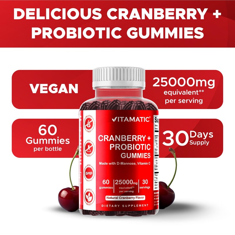Vitamatic Vegan Cranberry Gummies with D-Mannose, Probiotics & Vitamin C