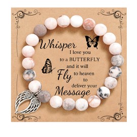 QWNHONEY Grief Gifts for Women Pink Beads Bracelet with Angle Wings Jewelry Gifts for Women Whisper I Love You to A butterfly and It Will Fly to Heaven to Deliver Your Message