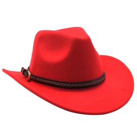 Sandy Ting Men & Women's Classic Felt Wide Brim Western Cowboy Cowgirl Hat with Belt Buckle, Red, One Size