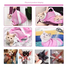 MSMUOEZ Adjustable Multifunctional Anti-Bite Shower net Bag，Cat Grooming Mesh Bag, Cat Bathing Bag，Cat Bath Brush and Pet Finger Toothbrush(B-Pink)