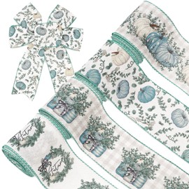 AnyDesign Fall Wired Edge Ribbon 24 Yards Blue Pumpkin Eucalyptus Leaves Craft Fabric Ribbon Autumn Plaids Decorative Ribbon for Thanksgiving Harvest Wreath Bow DIY Crafts Wrapping, 4 Roll