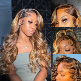 Honey Blonde Ombre Lace Front Wig Human Hair Highlight Body Wave 4/27 Colored Lace Front Wigs Human Hair Pre Plucked 180% Density Glueless 13X4 Transparent HD Lace Frontal Wig for Women 26Inch