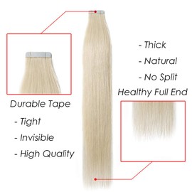 Silk-co 20" Tape in Real Human Hair Extensions #60 Platinum Blonde Skin Weft 100g 40 pcs Seamless Long Straight
