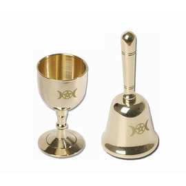 Mini Brass Altar Bell and Altar Chalice, Triple Moon Goddess and Pentagram Wiccan Supplies and Tools, Altar Ritual Kit