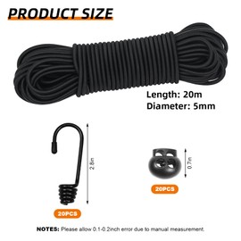 20M Elastic Cord, 1/5" Thick Shock Cord Heavy Duty 65Ft Elasticated Shock Cord Black Bungee Cords with Hooks and Spring Cord Lock for Caravan Cargo Craft Rack (5mm x 20M, Black)