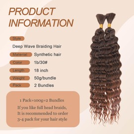 CHARSUN Deep Wave Braiding Hair Curly Bulk Synthetic Hair Extensions For Women Wet and Wavy Braids Extensions for Boho Box Braids No Weft 2Bundle/Pack Hair Extensions(1b/30#)