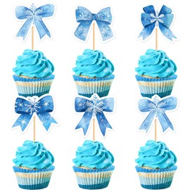 Ercadio 25 PCS Blue Snowflake Bowknot Cupcake Toppers Glitter Bowknot Cupcake Decorations Picks for Baby Shower Wedding Kids Birthday Party Winter Theme Decoration Supplies
