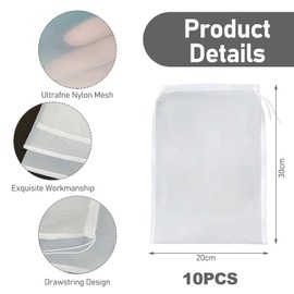 10 Passiertuch,Passiertuch Wiederverwendbar,Nussmilchbeutel Bio Waschbar,Nylon-Filterbeutel,Feinmaschiges Filtertuch,Geeignet für,Saft,Milch,Gemüsesaft,Füllungen,Sojamilch,Käsetuch