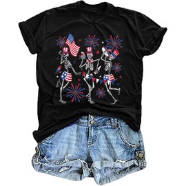 4th of July Shirts Women: Dancing Skeleton Tshirt American Flag Graphic tee Casual Patriotic Tops