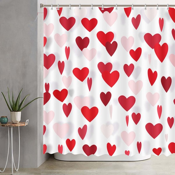 AIBIIN Red Heart Shower Curtain for Bathroom Decorations with 12