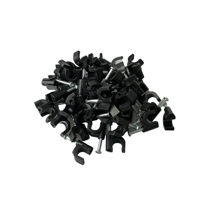 100 x 8mm Black Round K-Type Cable Clips with Nail