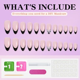 24pcs Almond Press On Nails - Black French Tip, Diamond & Bow Designs, Medium, Stick On, Artificial Nails