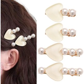 4pc Small Hair Clip Accessories for Women Side Clips for Girls Hair Decorative Barrettes for Thick Thin Fine Hair Mini Heart Pearl Hairclips Party Favors for Girls Festive Hairclip Performance Hairclip (Apricot, One Size)