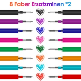LVZONGXIN 16 Colourful Refills, Compatible with Legami Gel Pens, [2 x 8 Faber ], Erasable Ink Refills - 0.7 - Medium Strength - Gel Rollerball Refill