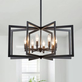 peskoe Black Chandelier 8-Light, 26" Modern Industrial Dining Room Light Fixture, Large Geometric Pendant Light for Living Room Kitchen Foyer Office, Large Hanging Chandelier Lamp