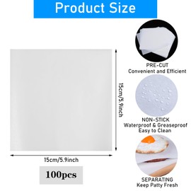 100Pcs 6" X 6" Unbleached Parchment Paper, Square Baking Paper Sheets Burger Patty Paper Nonstick Precut Square Baking Parchment for Seperating Patty Cookies Storing Foods Wrapping Candies