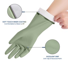 Rubber Cleaning Gloves for Dishwashing, 4 Pairs Reusable Kitchen Gloves for Washing Dishes and Household Cleaning, Green Dish Gloves with Flocked Lining and Non-Slip Grip, Pefect for Woman Men - S