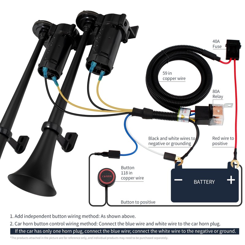 FARBIN Dual Trumpet Air Horn, 12V Train Horn Kit with
