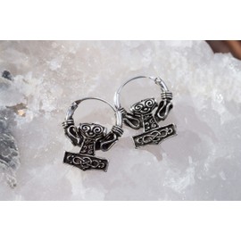 WINDALF Vintage Vikings Hoop Earrings MjØLNER Diameter 1.7 cm Viking Thor's Hammer Earrings Antique 925 Sterling Silver, Sterling Silver